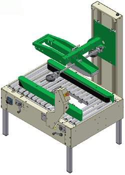 GEM 670: Precintadora semiautomtica, con dimensionamiento manual, que precinta con cinta autoadhesiva la parte superior e inferior de lotes de cajas de tipo americano grandes y medianas. Pulse para ampliar la imagen.